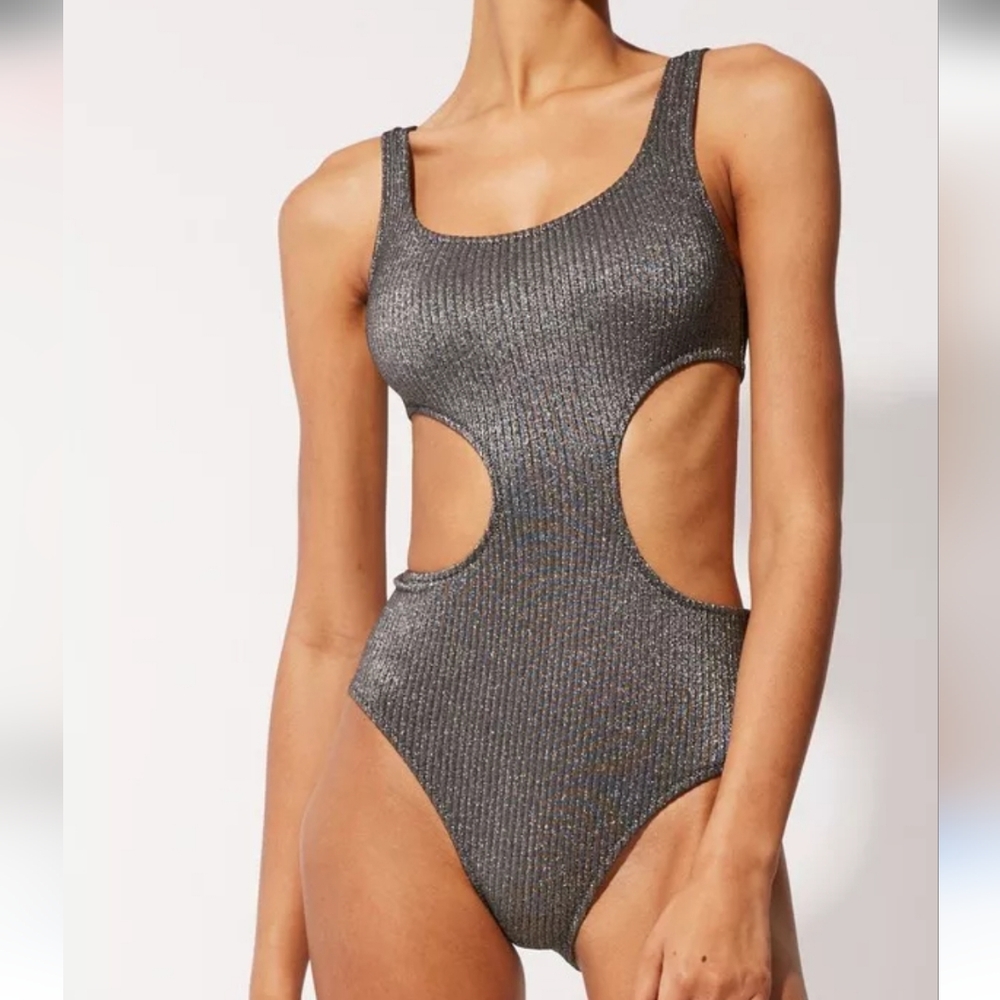 The Sarah One Piece By SOLID & STRIPED  Bodysuit in Black and Gray Sz M NWT